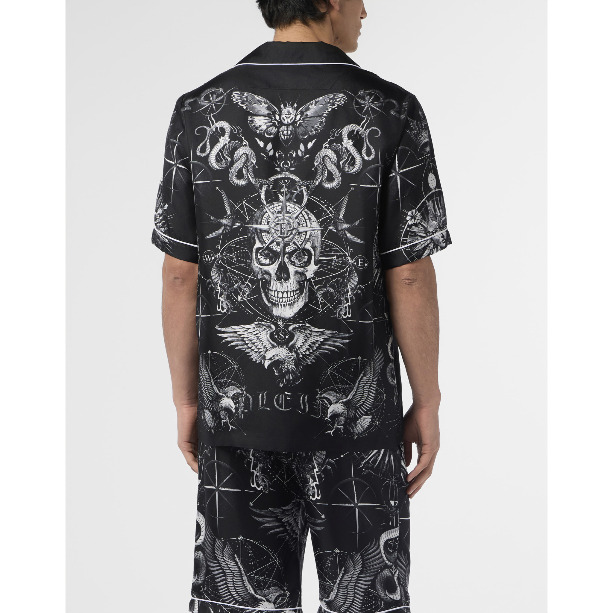 PHILIPP PLEIN Silk Bowling Shirt All-Over Tattoo