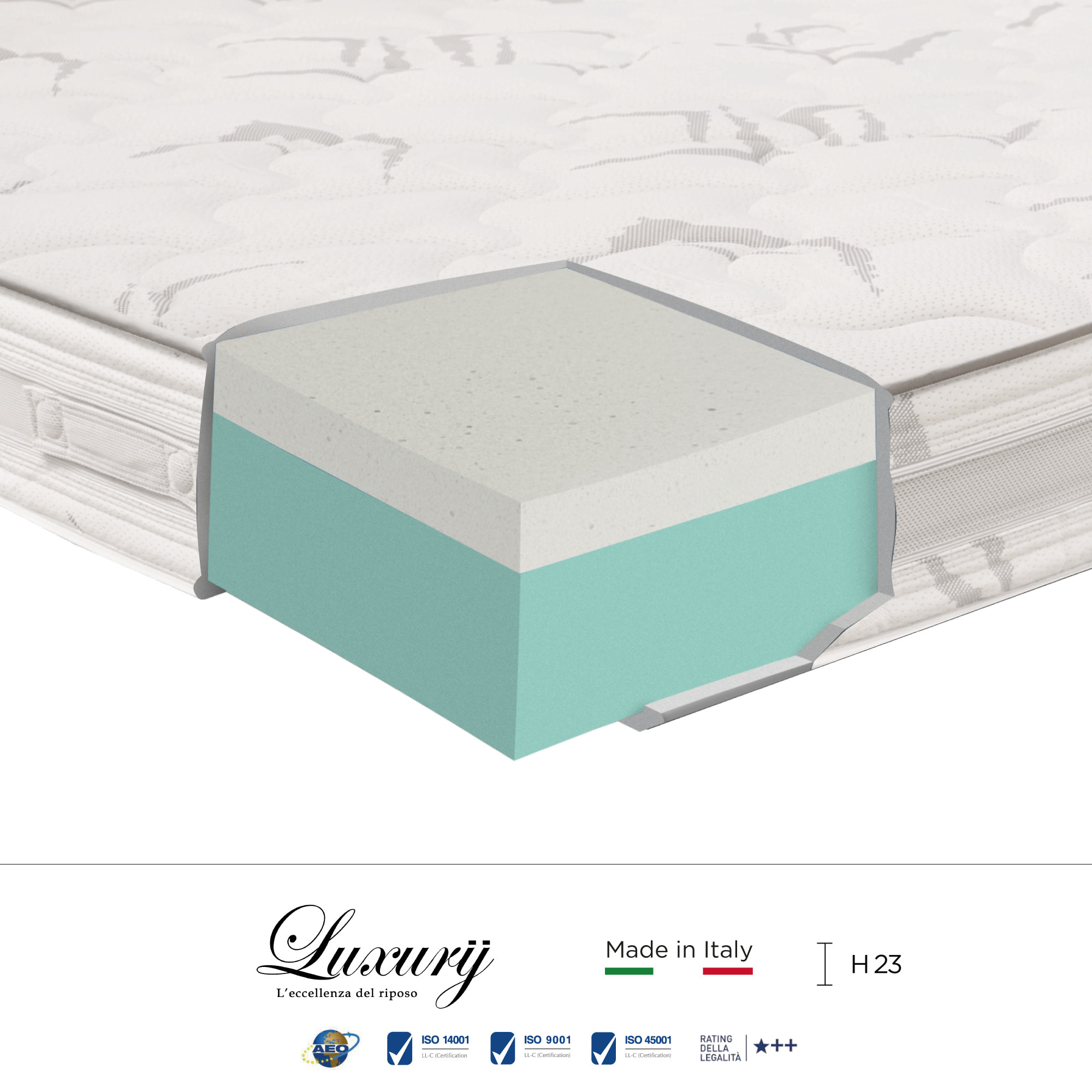 "Paestum" H23 cm 90x190 guanciale Memory OMAGGIO sfoderabile in schiuma poliuretanica ad alta densità e Memory Foam con cristalli di gel