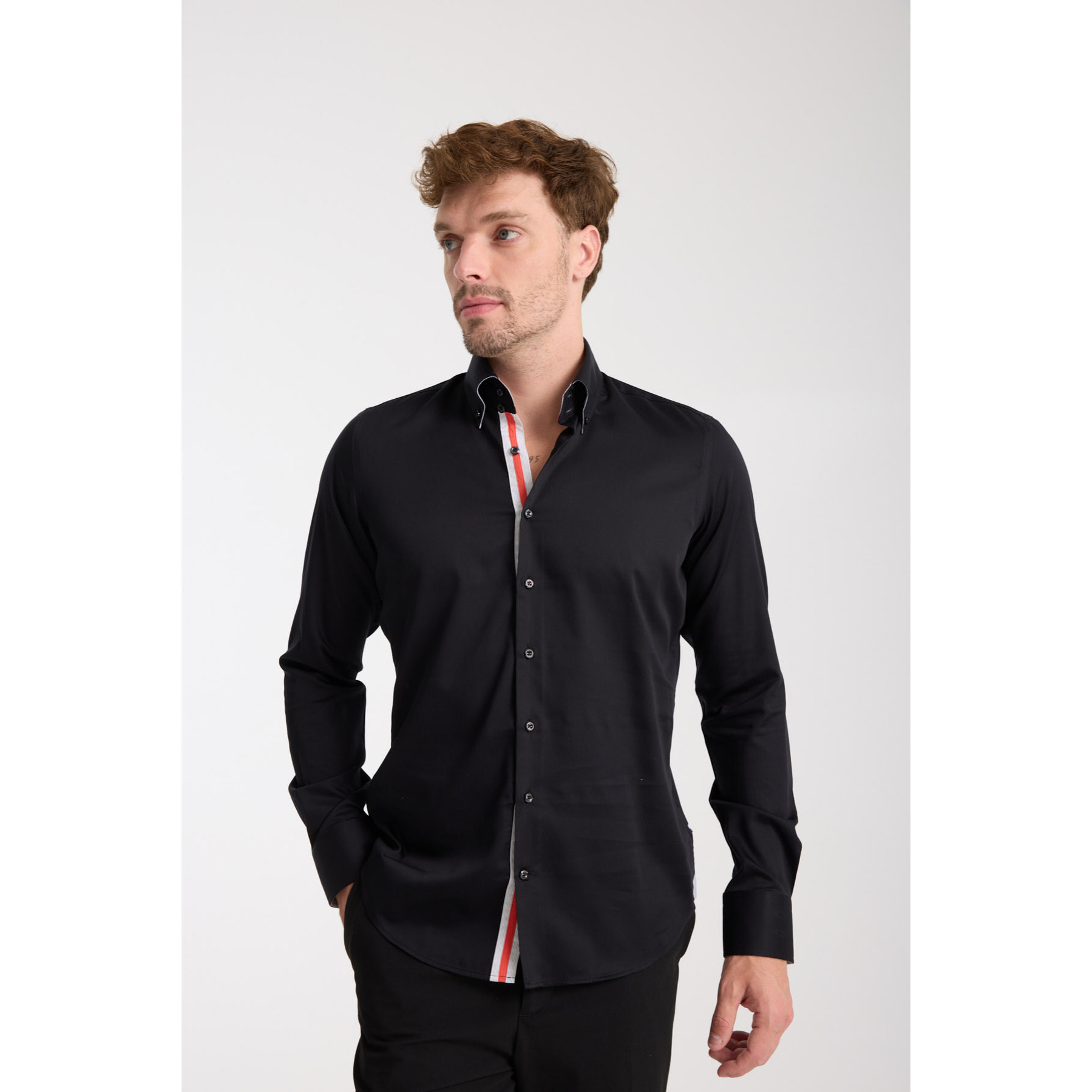 Camicia Uomo 2 Bottoni Button Down Slim Satin Unito Nero