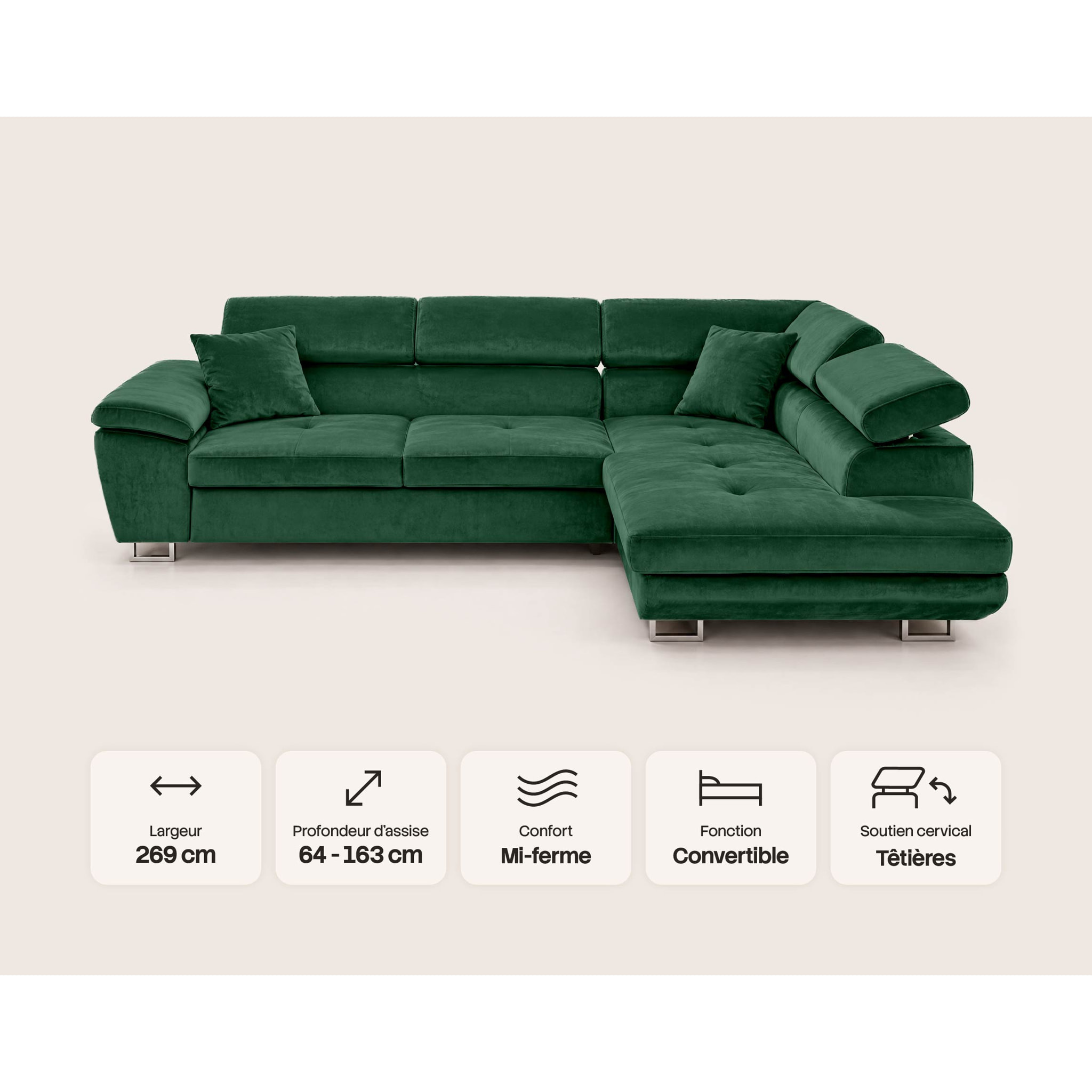 Dimas - canapé d'angle droit 5 places - convertible avec coffre et têtières réglables - en velours - Vert