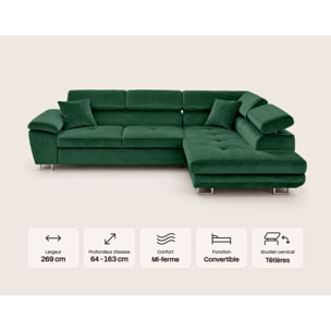 Dimas - canapé d'angle droit 5 places - convertible avec coffre et têtières réglables - en velours - Vert