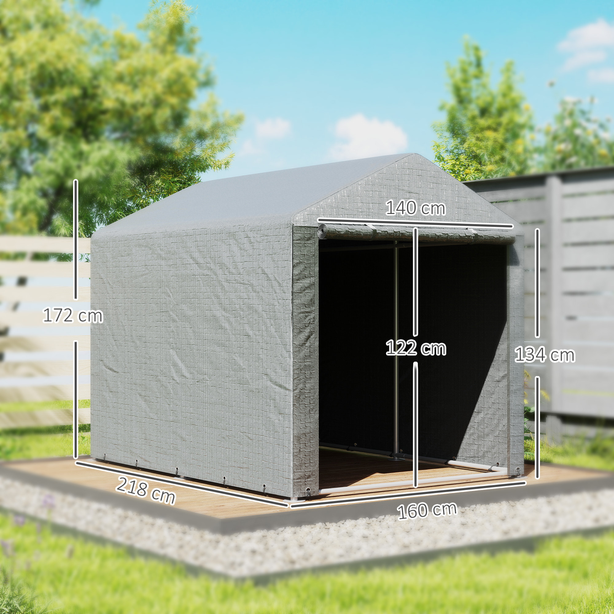 Carpa de Jardín Exterior para Herramientas Bicicletas 1,6x2,2x1,7 m, Cobertizo Exterior con 2 Habitaciones, Puerta Enrollable con Cremallera, Impermeable Anti-UV, Garaje Portátil, Gris Claro