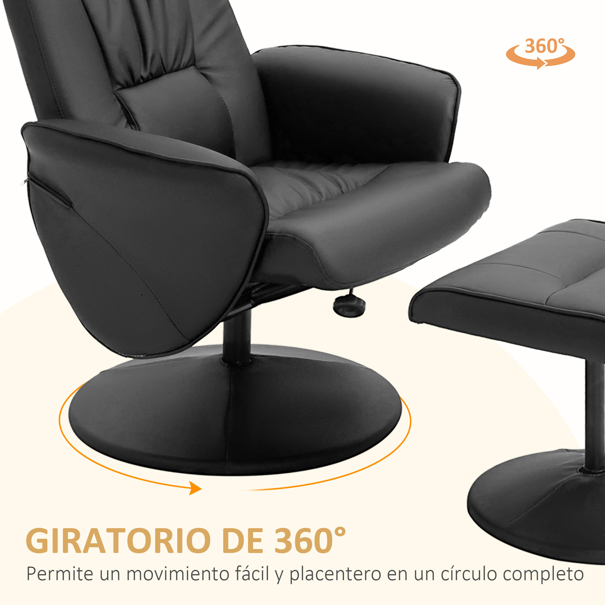 HOMCOM Sillón de Salón con Otomana Reposapiés Tapizado en PU Sillón Relax Reclinable hasta 145° y Giratorio 360° con Respaldo Ajustable para Salón Dormitorio Oficina 81x81x105 cm Negro