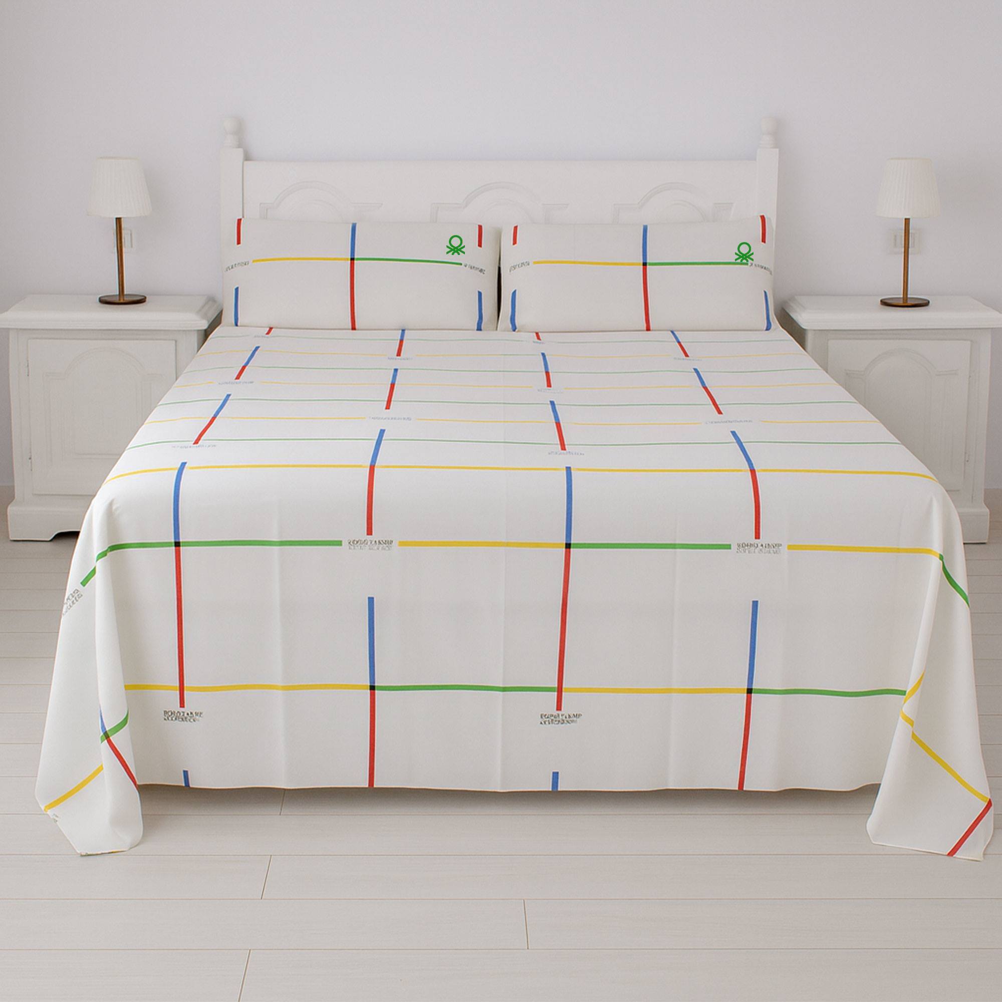 Set 4pc cama ( sábana bajera 160x200+30cm + sábana encimera 240x240cm + fundas almohada 45x90cm(x2)) rainbow benetton 70%algodón + 30% poliéster