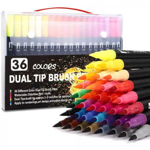 Set 36 Rotuladores color DUAL ART BLACK LINE doble punta, punta fina 0,4 mms y punta pincel acuarelable profesional. Forma triángular ergonómica para lettering, caligrafía, ilustraciones…