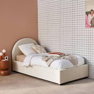 Lit coffre avec sommier à lattes et tête de lit. finition bouclette. blanc. L 206 x P 104 x H 102cm