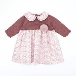 Vestido combinado punto y viella hojas malva y blanco