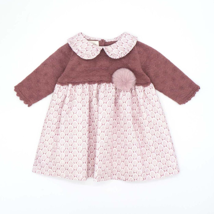 Vestido combinado punto y viella hojas malva y blanco
