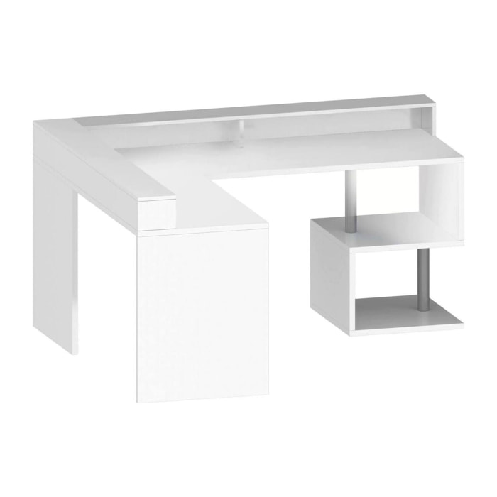Scrivania Auletta, Scrittoio angolare con ripiani portaoggetti, Scrivania ufficio multiuso con sopralzo, 180x60h93 cm, Bianco
