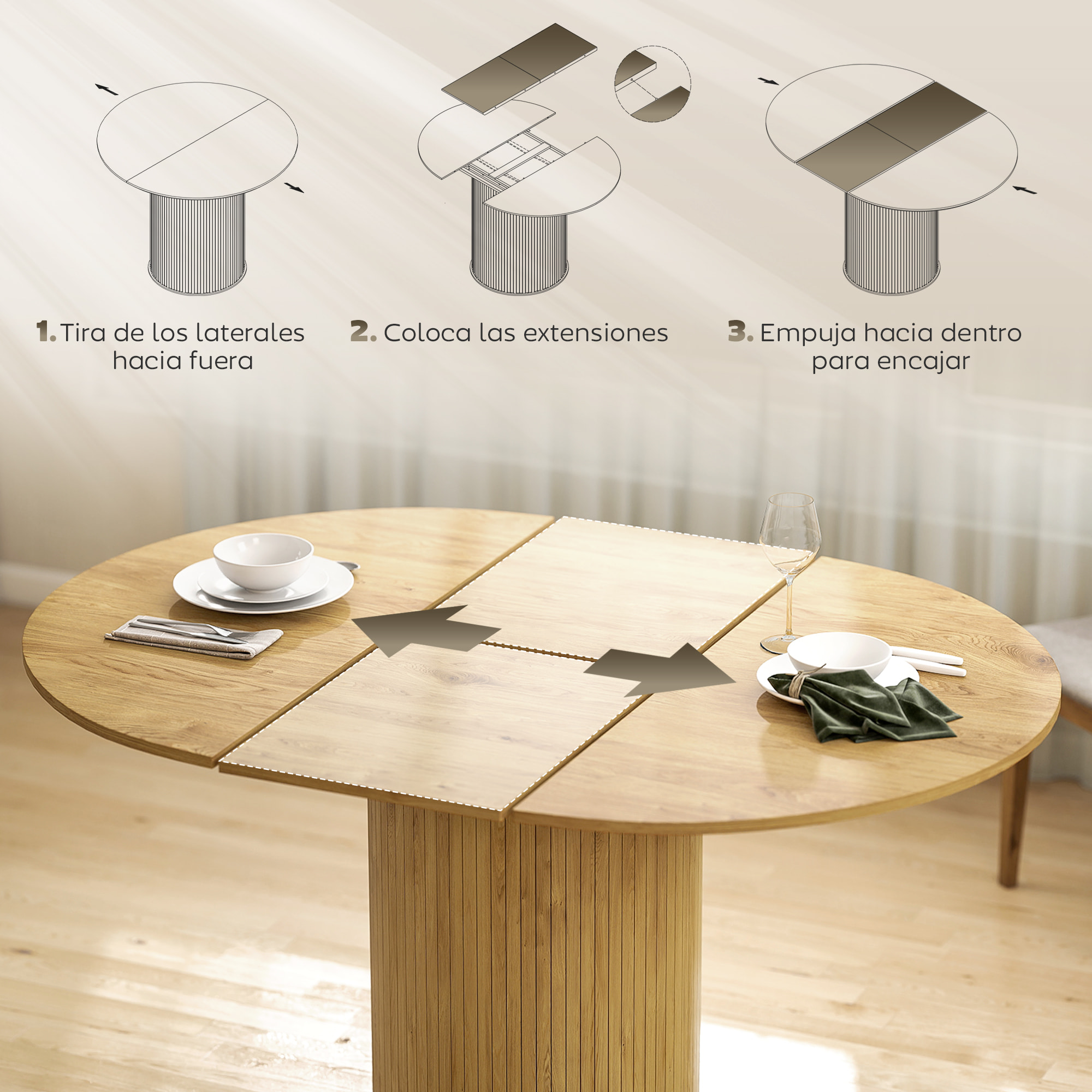 Mesa de Comedor Extensible Redonda, 110-150 cm, Mesa de Cocina Extensible, para 6-8 Personas, con Base Estriada Ancha, para Salón, 110-150x110x75 cm, Madera Natural
