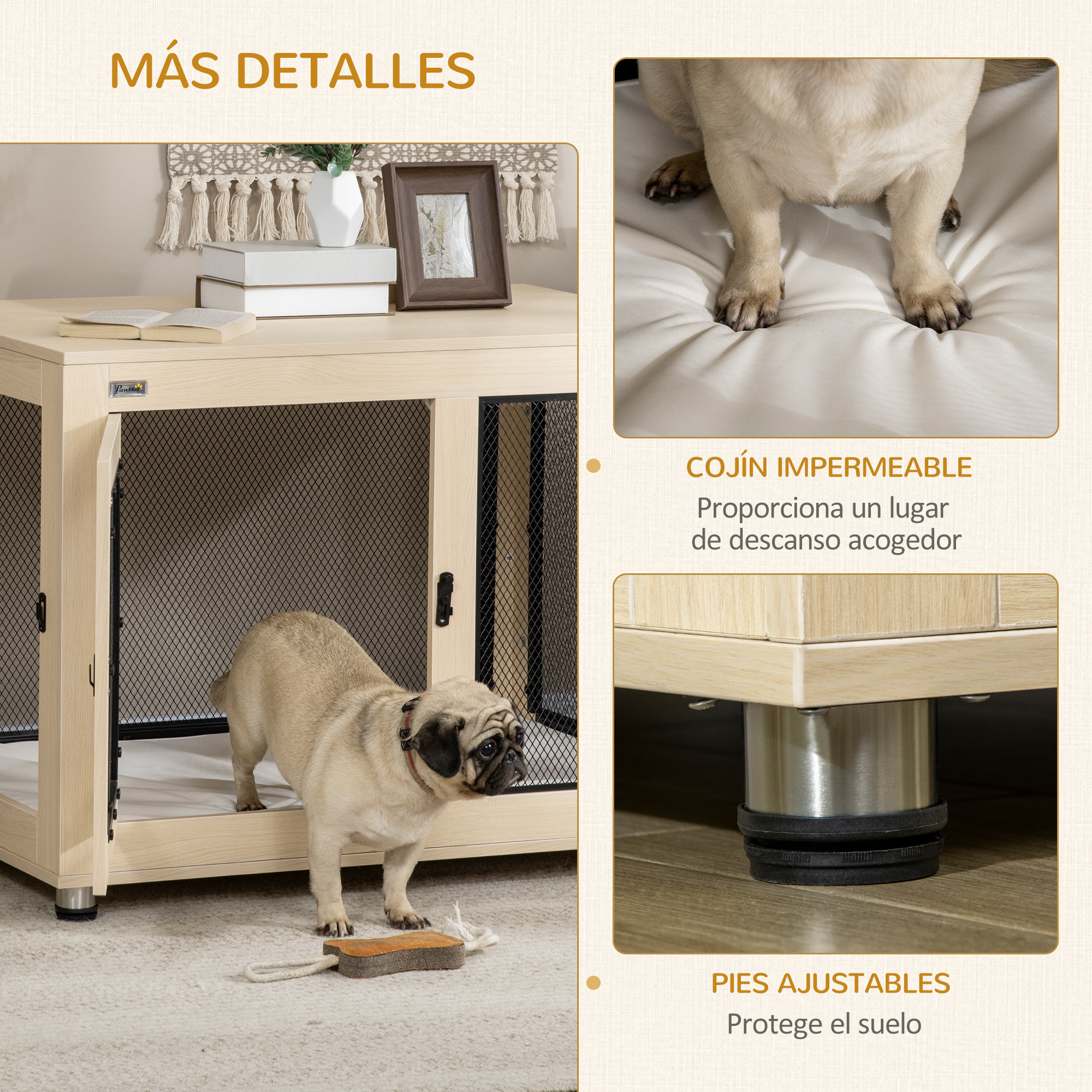 Jaula para Perros Grandes Estilo Mueble Casa para Perros 94x60x71,5 cm Mesa Auxiliar con 2 Puertas de Pestillo Cojín de Tela Oxford y Rejillas de Acero Roble