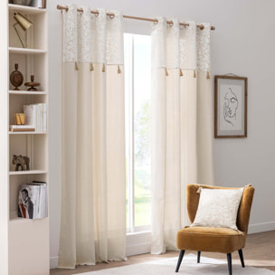 Rideau à œillets polycoton avec top floral et pompons - Naturel