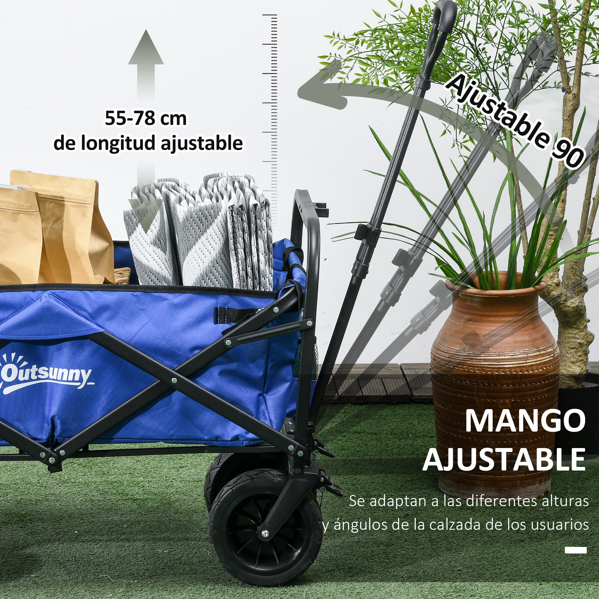 Carro de Jardín Carro Plegable con Longitud y Ángulo del Mango Ajustables y Bolsa de Transporte Carga 100 kg Azul Oscuro