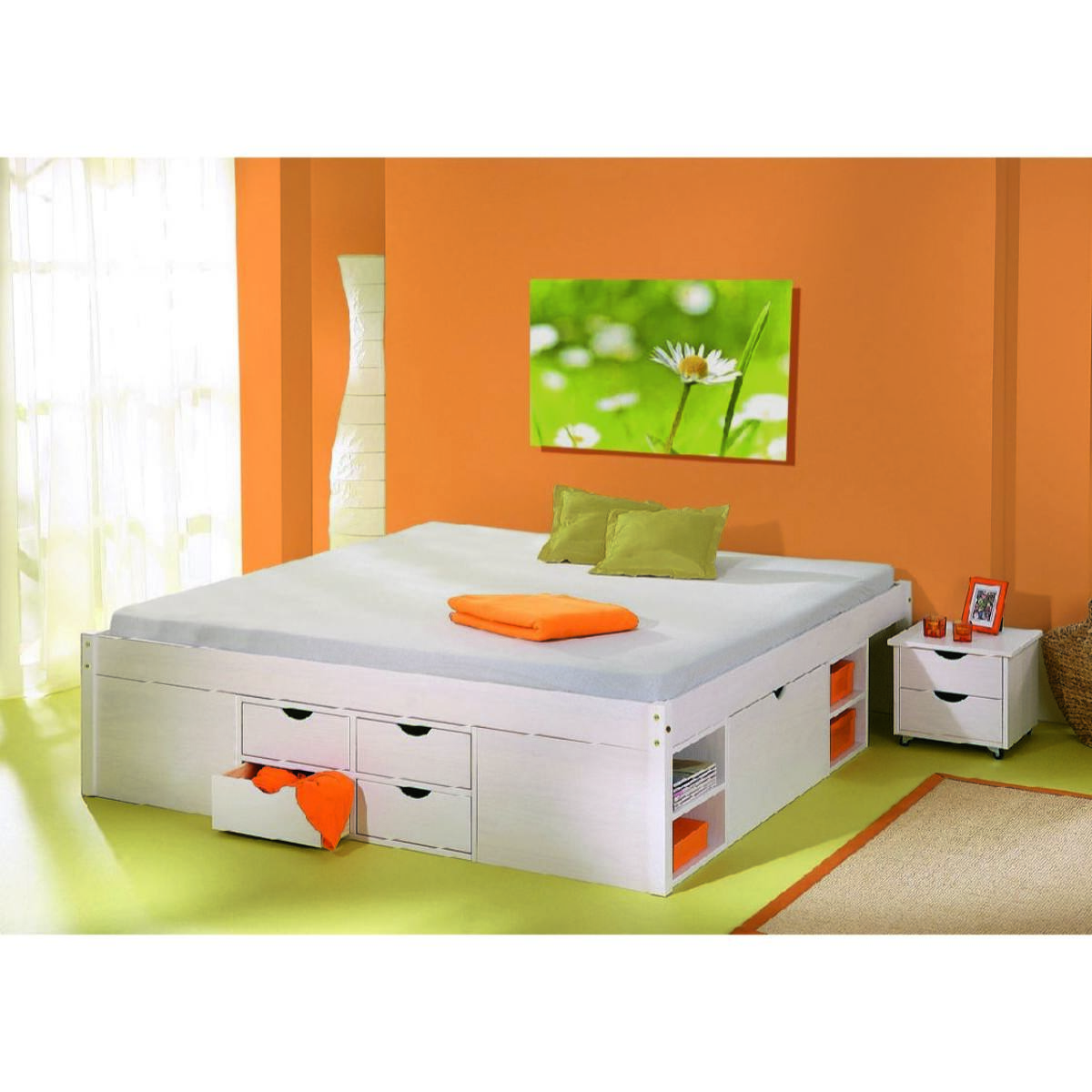 Letto matrimoniale con vani contenitore e comodino incluso con ruote, colore bianco, cm 186.5 x 47,5 x 209