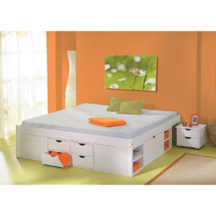 Letto matrimoniale con vani contenitore e comodino incluso con ruote, colore bianco, cm 186.5 x 47,5 x 209