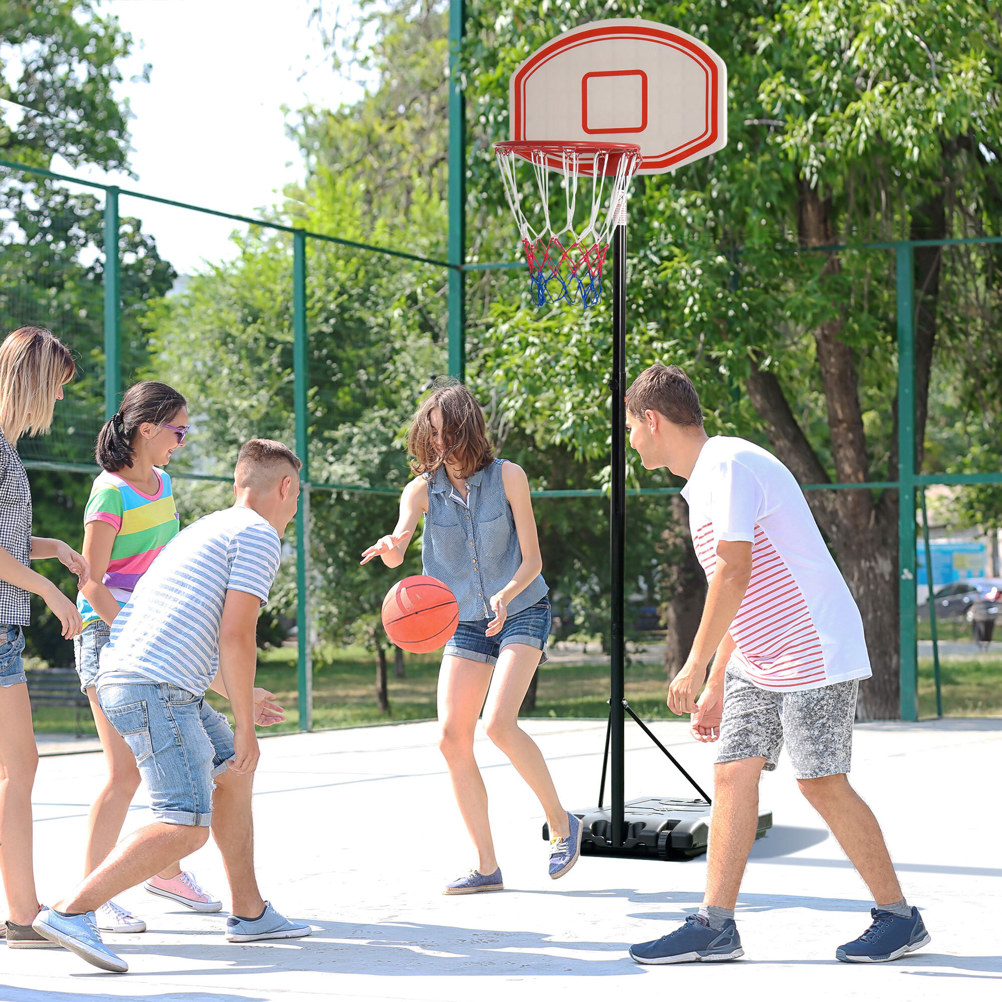 Panier de Basket-Ball sur pied avec poteau panneau, base de lestage sur roulettes hauteur réglable 2,1 - 2,5 m noir blanc