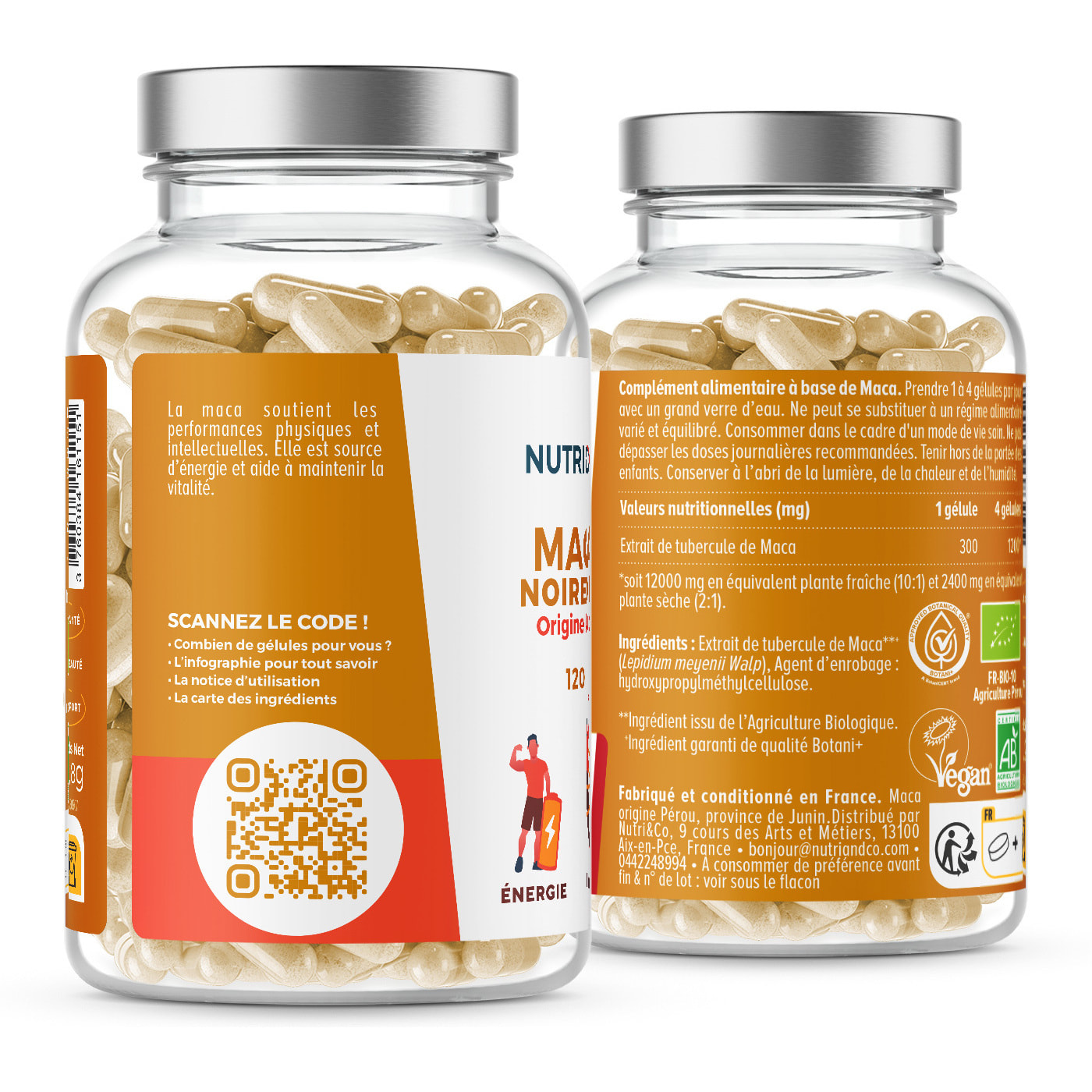 Nutri&Co Maca Noire BIO du Pérou Hautement Dosé 10:1 - Force, Énergie, Équilibre Hormonal - 120 Gélules Vegan