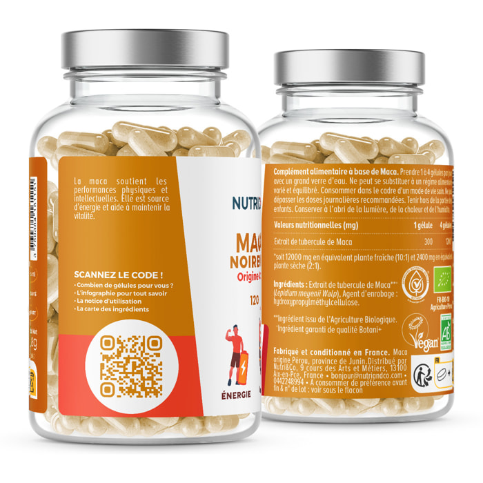 Nutri&Co Maca Noire BIO du Pérou Hautement Dosé 10:1 - Force, Énergie, Équilibre Hormonal - 120 Gélules Vegan