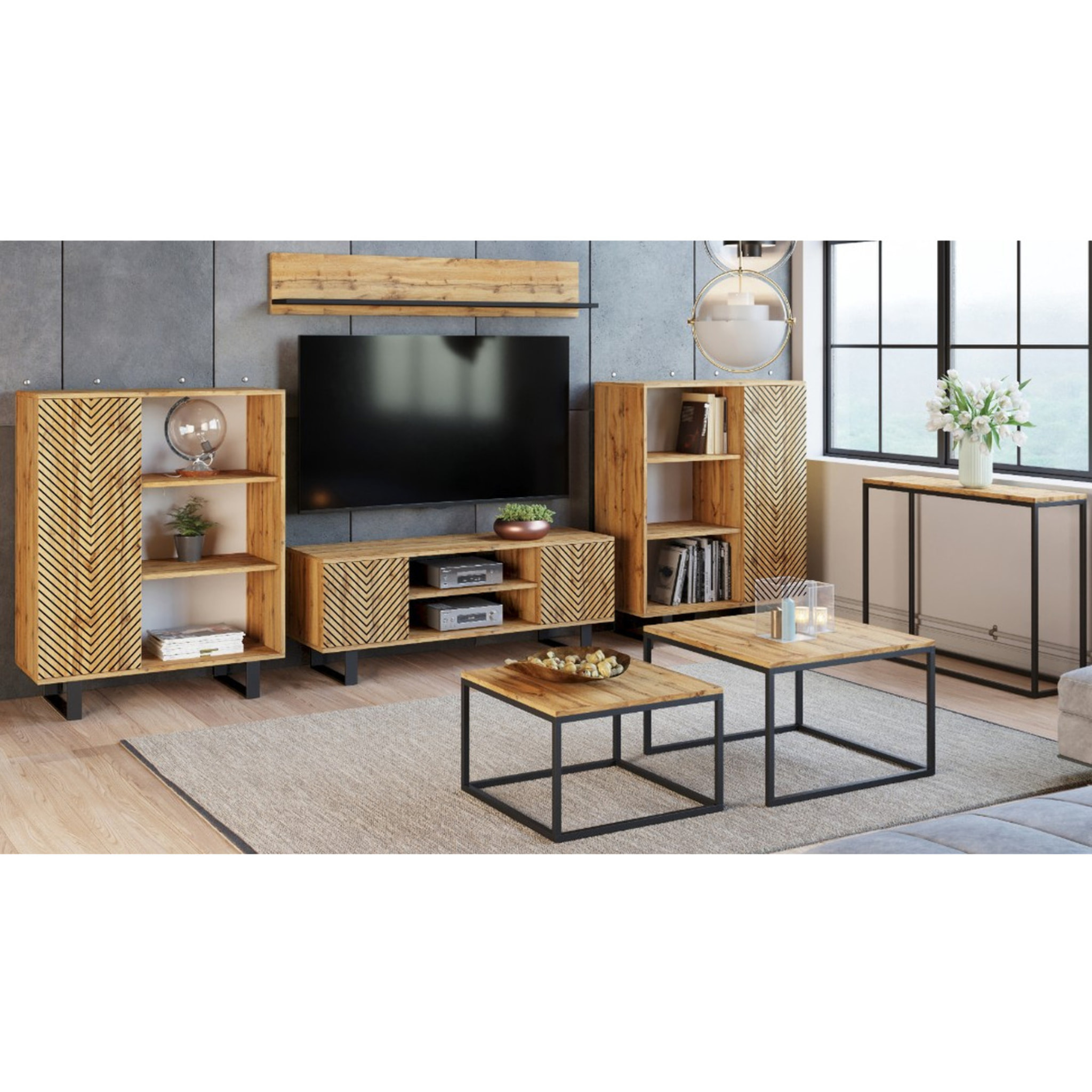 Mobile Porta TV Focus in Rovere Craft con Decoro a Spina di Pesce