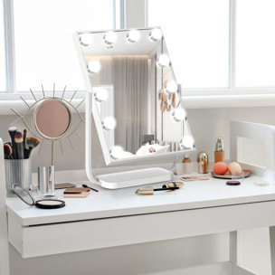 Miroir maquillage Hollywood lumineux LED tactile - 3 modes éclairage, inclinable, adaptateur - métal blanc verre