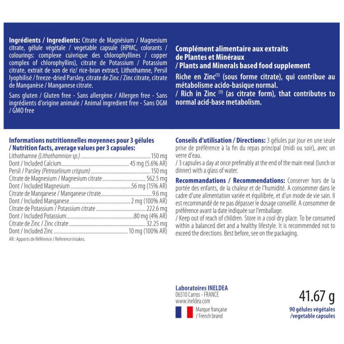 Ineldea Santé Naturelle - Acido-Base - Complément alimentaire naturel - Aide à maintenir l'équilibre acido-basique - Cure de 30 j - 90 gélules végétales