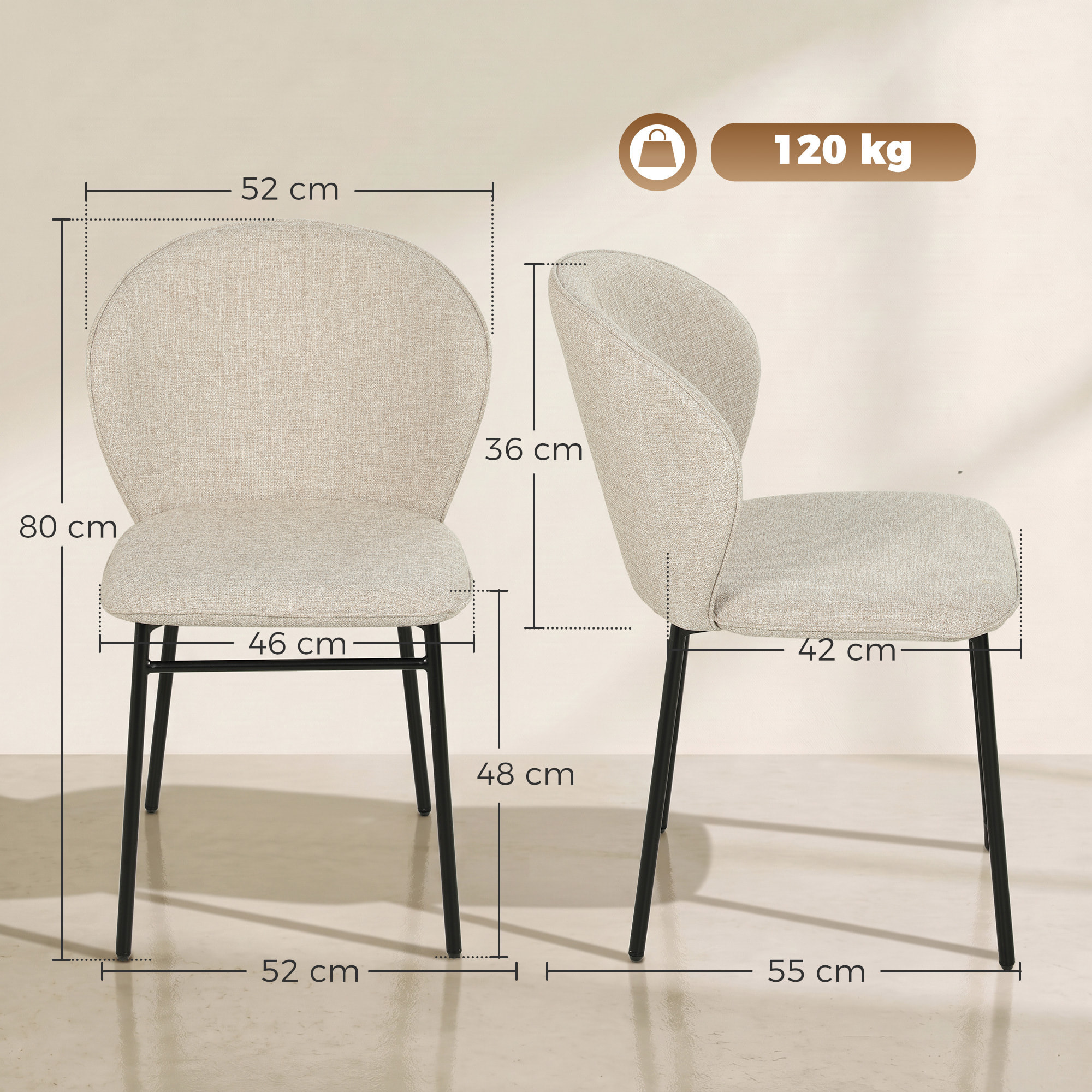 Lot de 2 chaises grand confort dossier enveloppant piètement acier noir revêtement tissu aspect lin beige