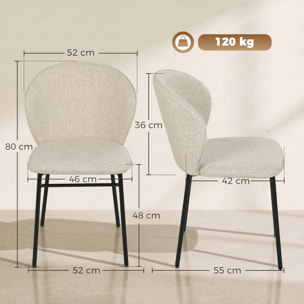 Lot de 2 chaises grand confort dossier enveloppant piètement acier noir revêtement tissu aspect lin beige