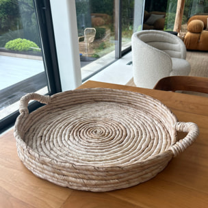 PLATEAU ROND EN  FIBRES D' ABACA D48CM X H8.5CM AVEC POIGNÉES DOUNIA