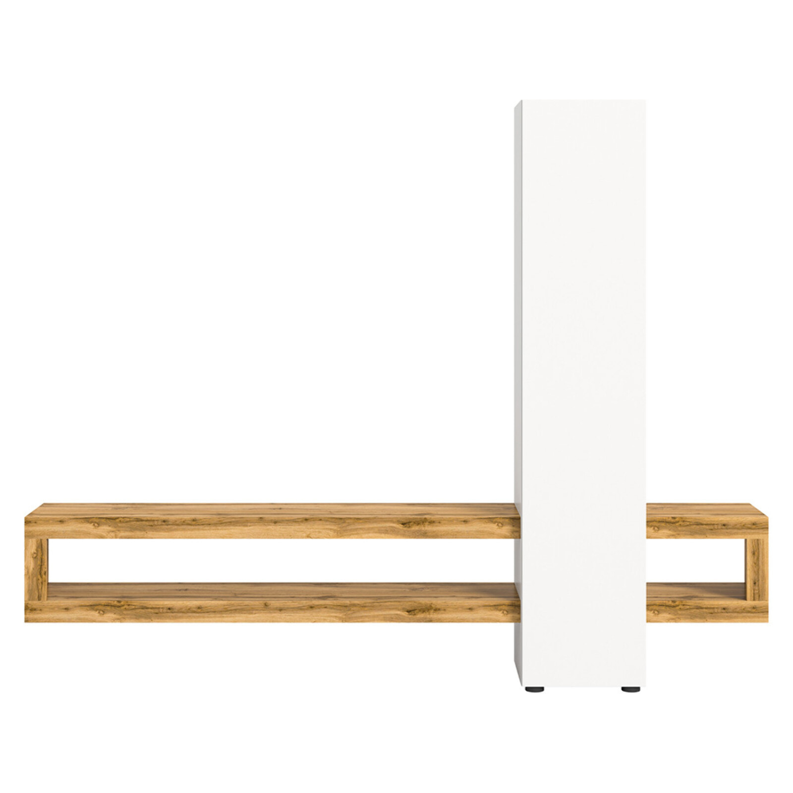Ned - meuble tv suspendu - 1 porte et 3 étagères - bois et blanc - 240 cm - Bois / Blanc