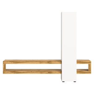 Ned - meuble tv suspendu - 1 porte et 3 étagères - bois et blanc - 240 cm - Bois / Blanc