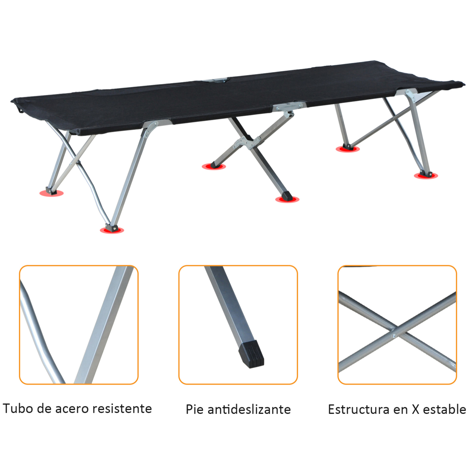 Cama de Camping Plegable Cama de Acampada con Marco Metálico Carga 136 kg para Playa Senderismo 193x64x40 cm Negro