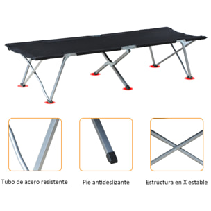 Cama de Camping Plegable Cama de Acampada con Marco Metálico Carga 136 kg para Playa Senderismo 193x64x40 cm Negro
