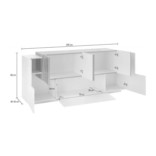 Credenza moderna a 7 ante, Made in Italy, Madia da cucina, Buffet di design da soggiorno, cm 200x45h86, colore Bianco lucido e Acero