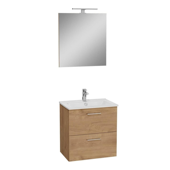 Set Mia ensemble meuble 59x61x39,5 cm avec miroir, lavabo et éclairage LED + armoire 145x35x35 cm, Chêne