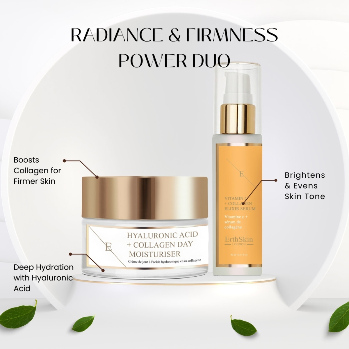 Suero Elixir de Vitamina C + Colágeno + Crema de Día con Ácido Hialurónico y Colágeno