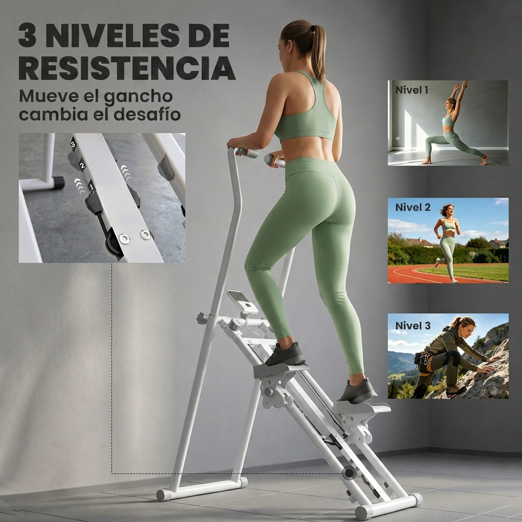 SPORTNOW Stepper de Escalera Plegable con 3 Niveles de Resistencia, Escaladora Vertical con Manillar Ajustable, Máquina de Subir Escaleras con Monitor LCD y Soporte para Móvil, Carga 150 kg para Casa