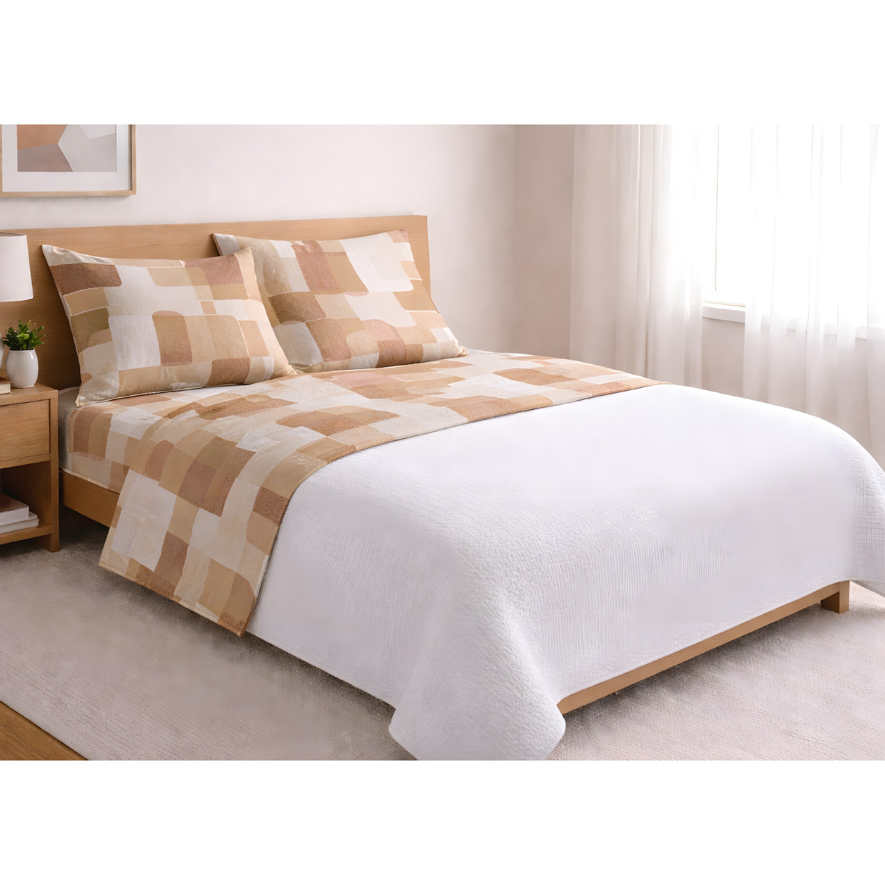 Completo Lenzuola 100% Cotone Made in Italy Fantasia Geometrica Disegno Brick Arancio