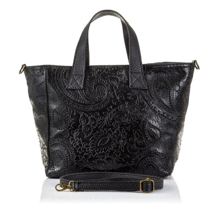 Cassandra borsa tote donna in vera pelle scamosciata con incisioni Arabesque