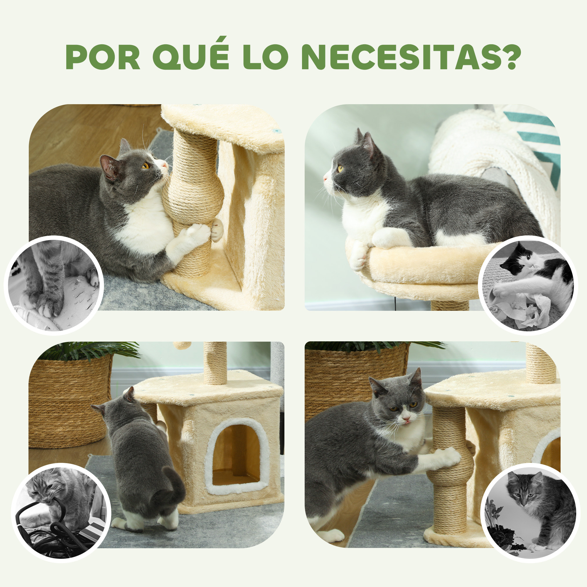 Árbol Rascador para Gatos Altura 66 cm Árbol para Gatos Torre para Gatos con Cama Cueva Plataforma Bola Colgante y Poste de Yute Beige