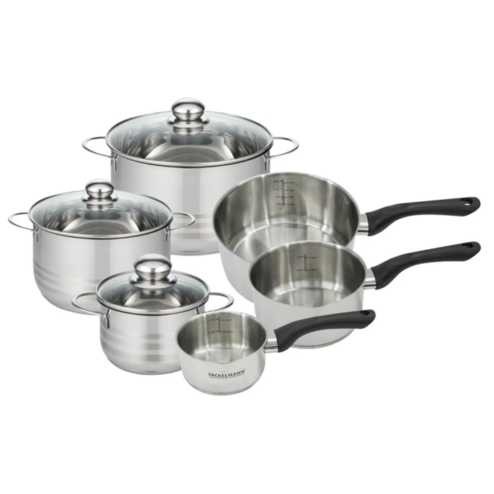 Batterie de cuisine avec 3 casseroles 12/16/20 cm et 3 faitouts 16/20/24 cm en inox sans PFAS Fackelmann Généva Brillant