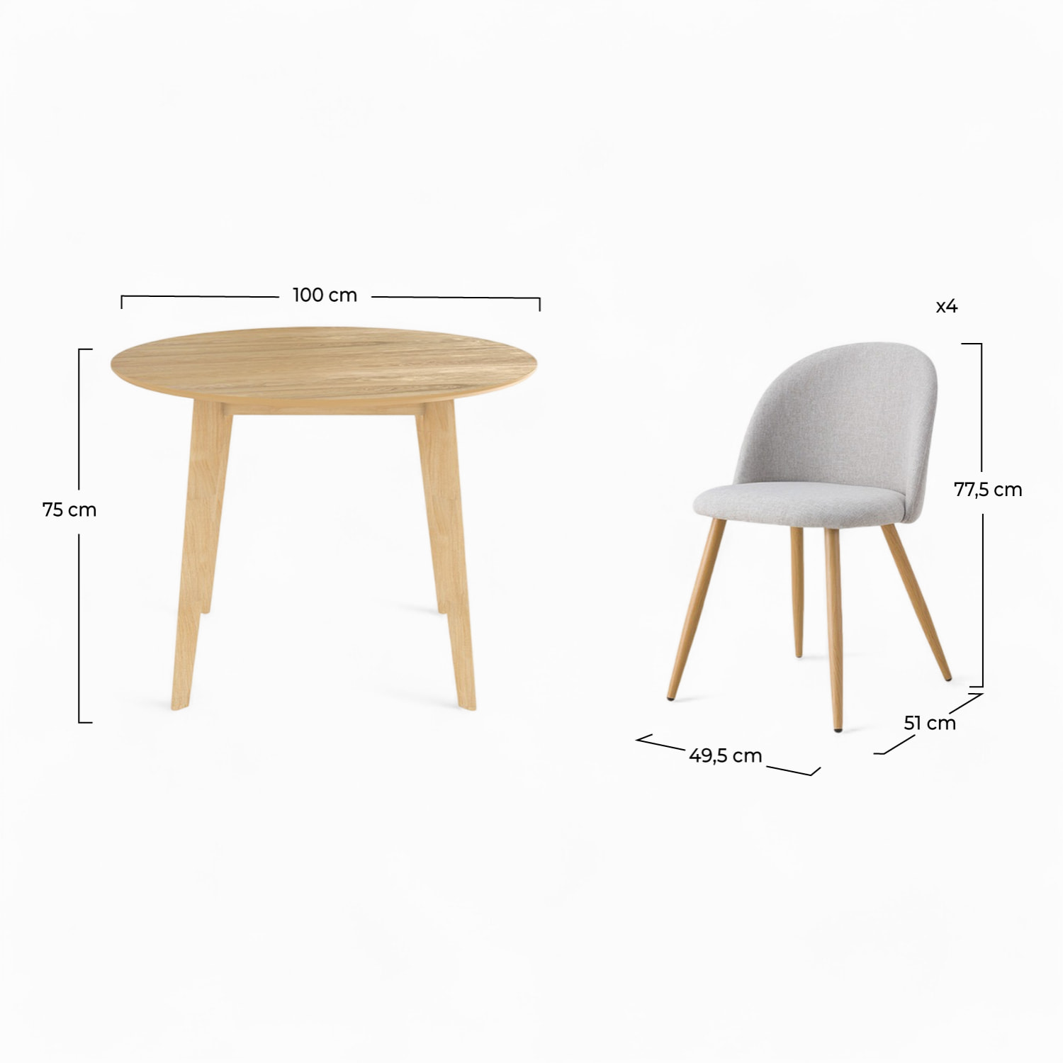 Table et chaises 4 personnes en tissu taupe et bois - Réno