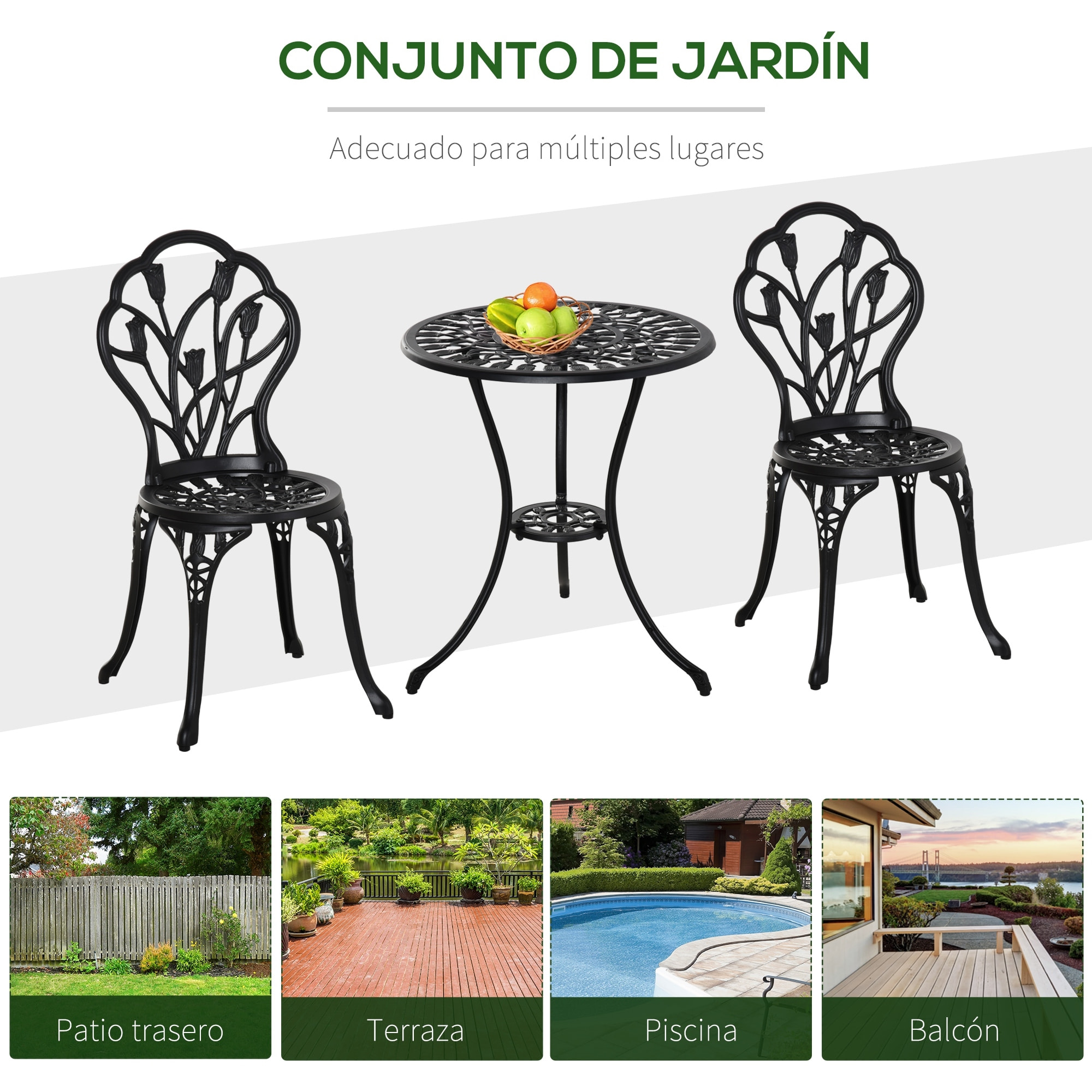 Conjunto de Mesa y Sillas de Terraza Exterior de 3 Piezas Muebles de Jardín de Aluminio con Respaldo con Patrón de Tulipán y Mesa con Orificio para Sombrilla Negro