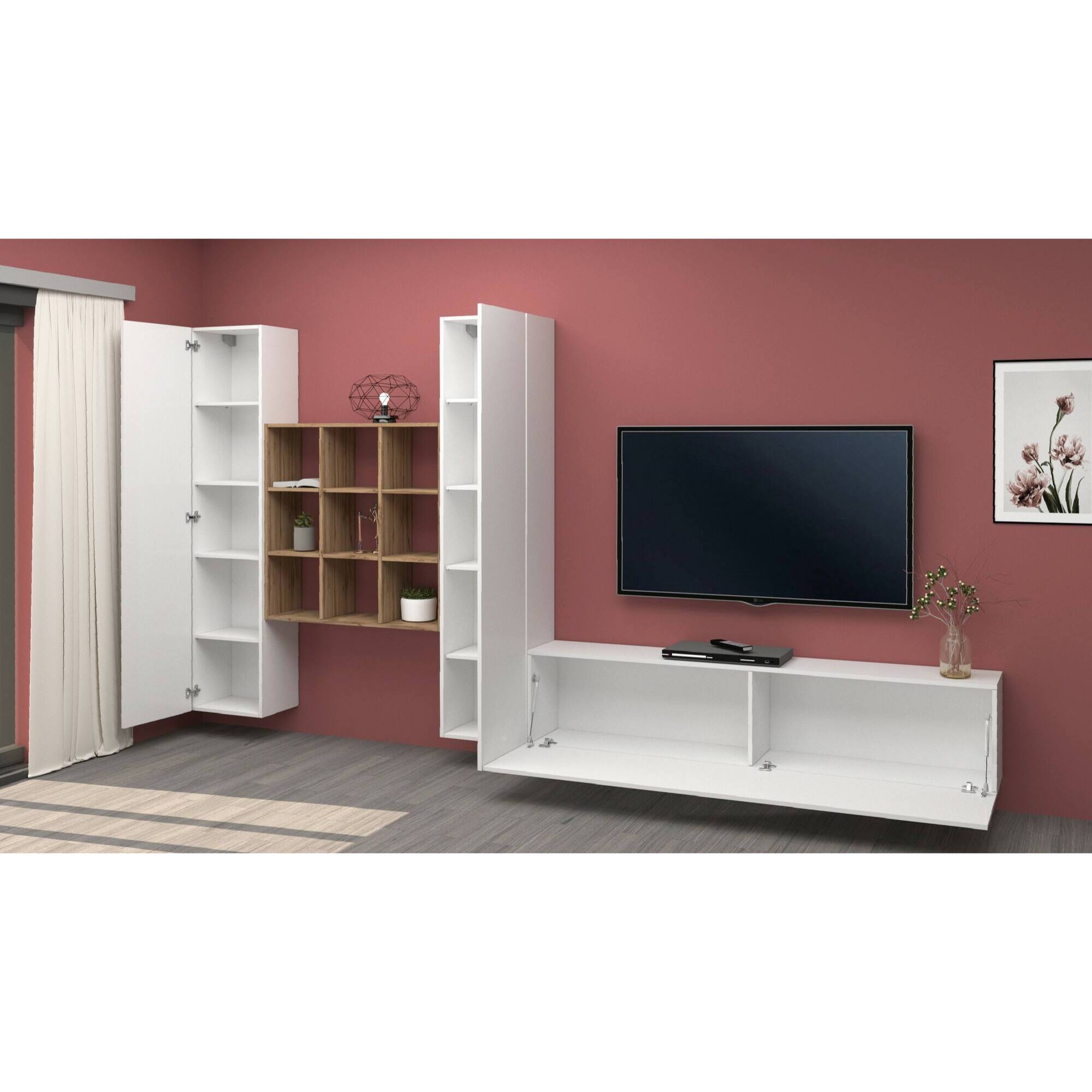 Parete attrezzata Denis, Set salotto porta TV a 3 ante, Mobile soggiorno multiuso, 100% Made in Italy, cm 270x30h180, Bianco lucido e Acero