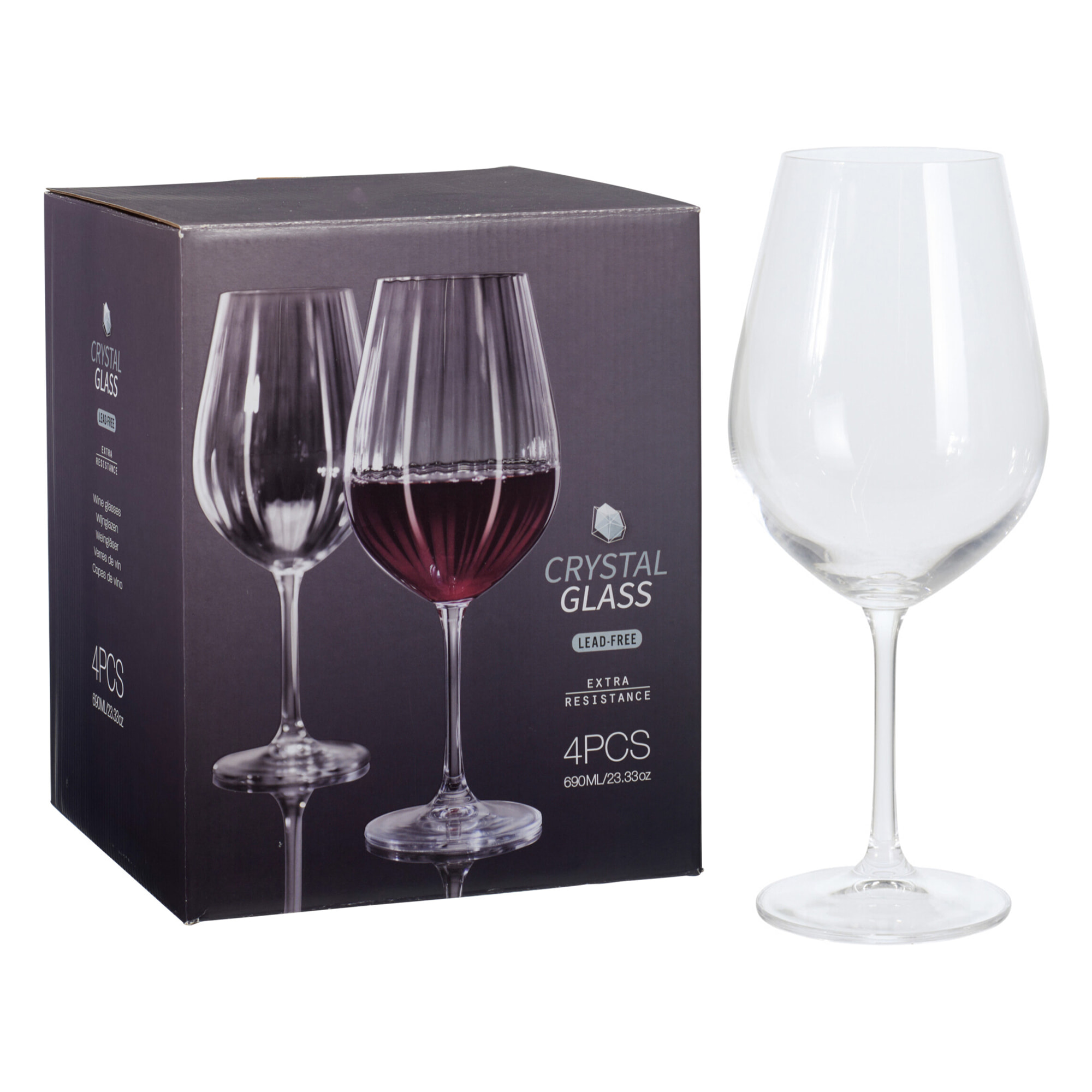 Juego de 4 copas de vino tinto con diseño de rayas en relieve de 690 ml