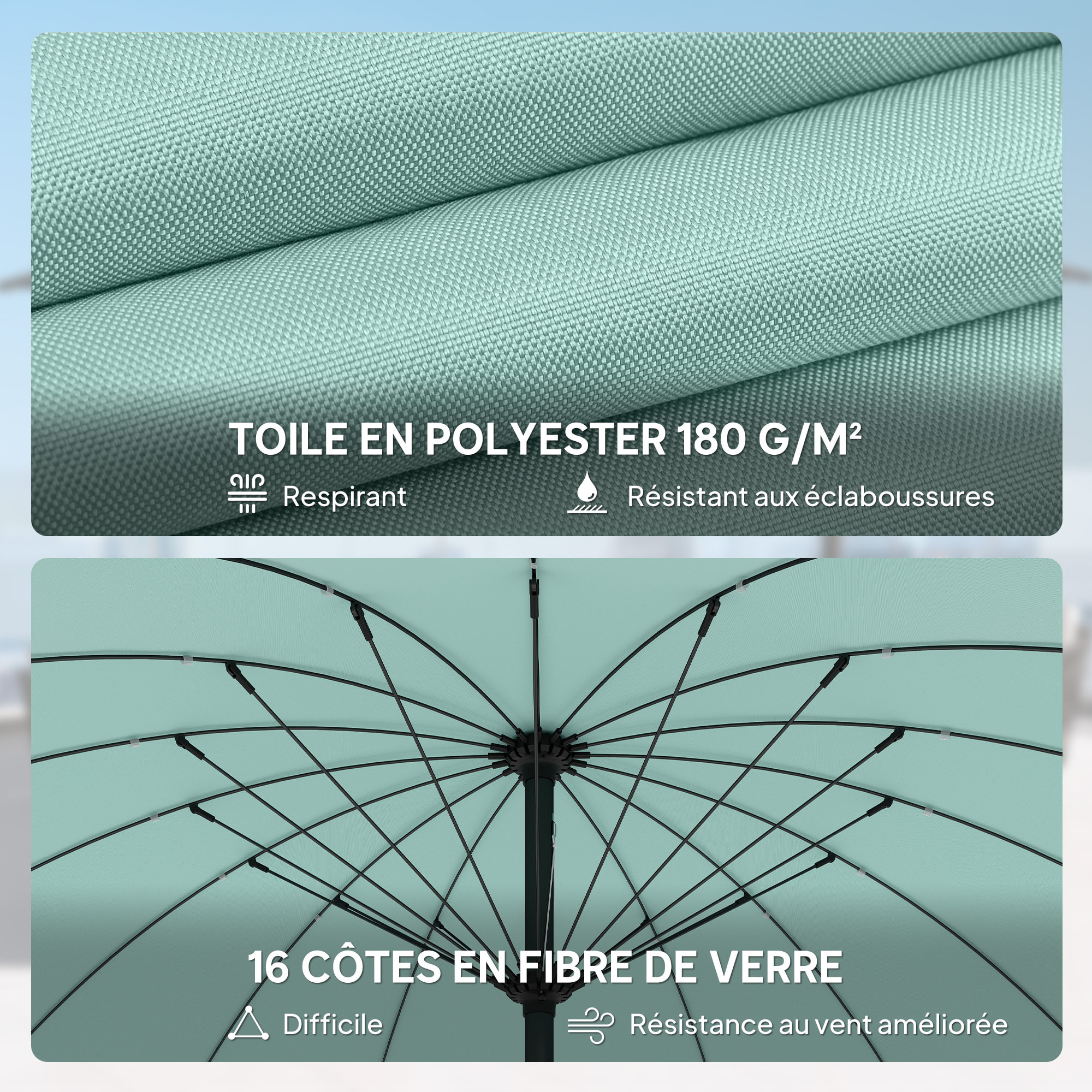 Parasol de jardin inclinable manivelle haute densité anti-UV 30+ turquoise