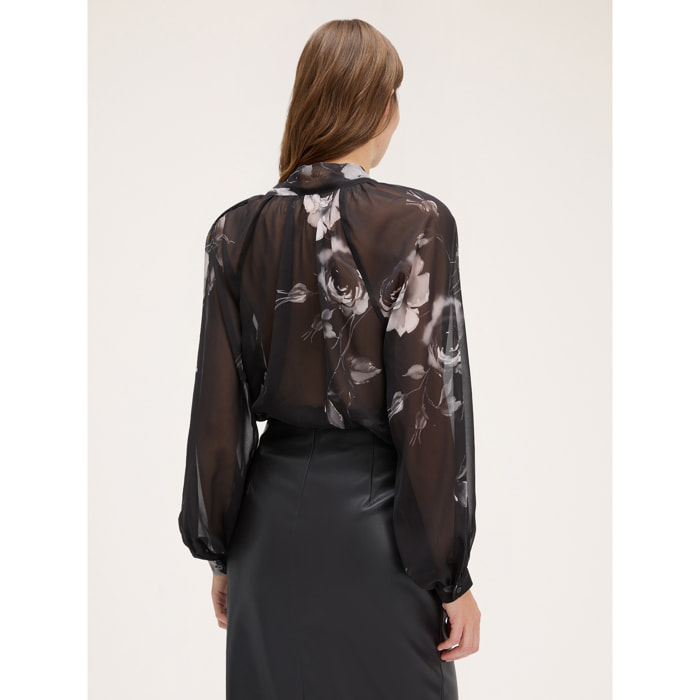 Motivi - Blusa con collo a fusciacca fantasia rose - Nero