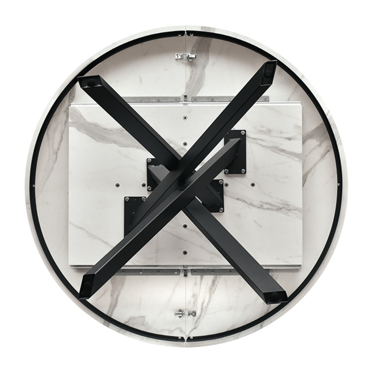 Tavolo rotondo PANTELLERIA in legno, finitura bianco statuario e gambe in metallo nero, allungabile Ø120xH75,3 cm - 170x120x75,3 cm