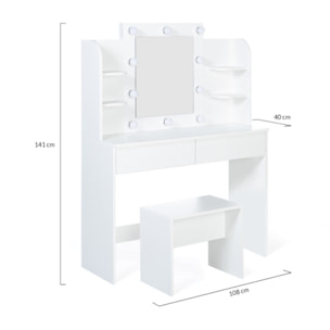 Coiffeuse Zélia blanche avec étagères, miroir LED + tabouret