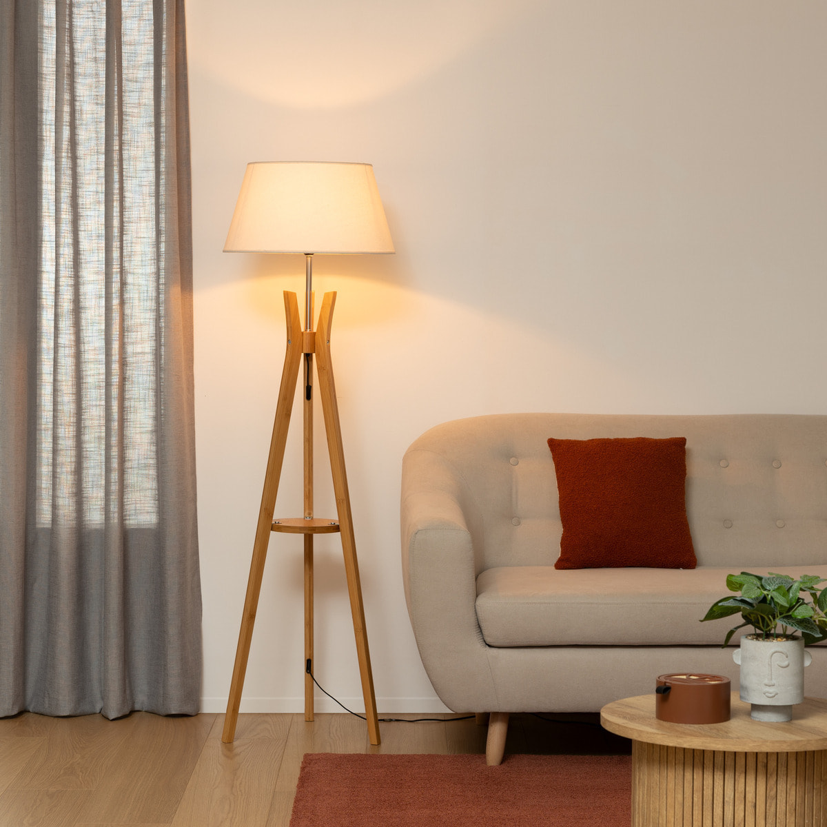 Lampadaire trépied "Kalo" - bambou et blanc H156 cm