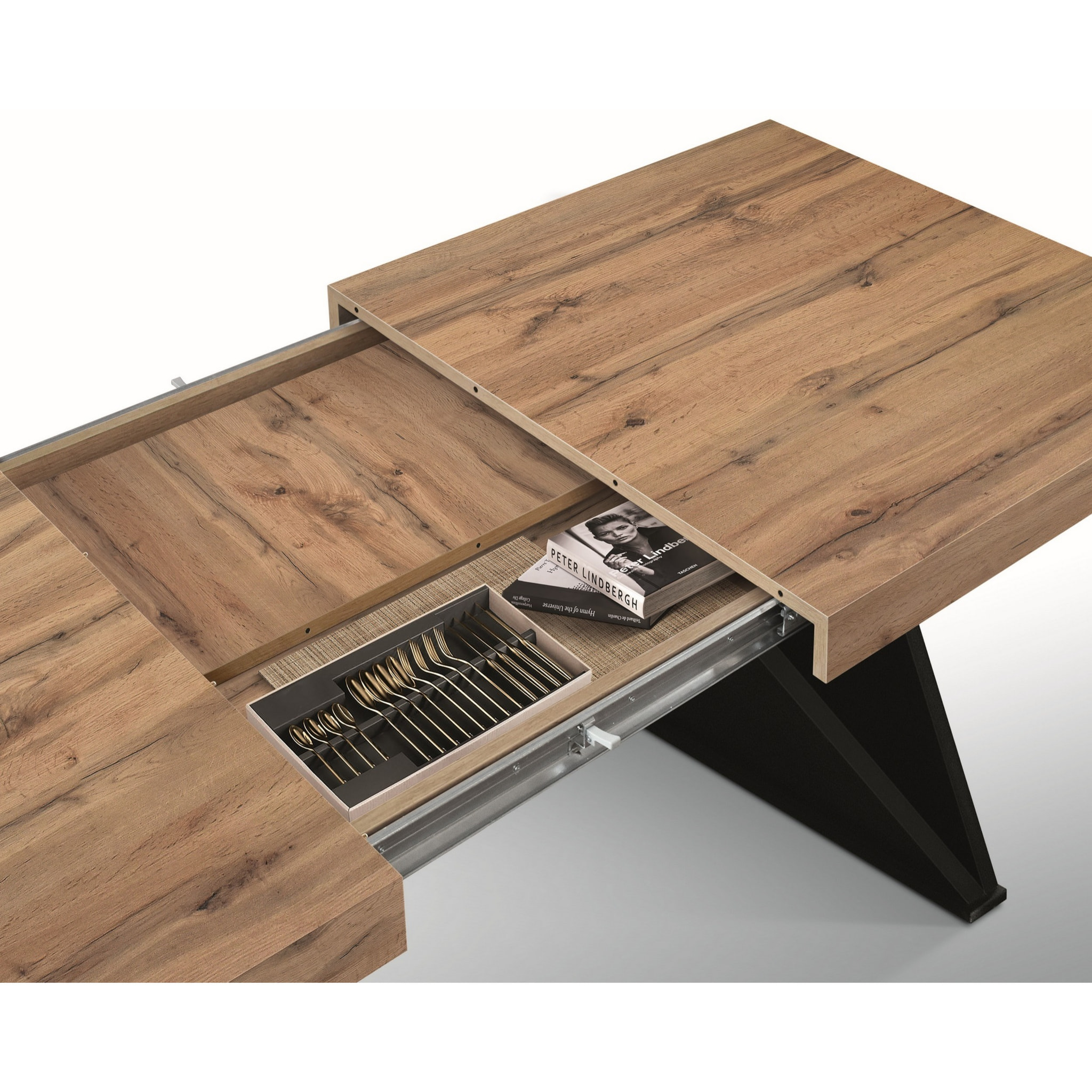 Tavolo VULCANO in legno, finitura rovere rustico con base in MDF antracite, allungabile 160×90 cm – 240×90 cm